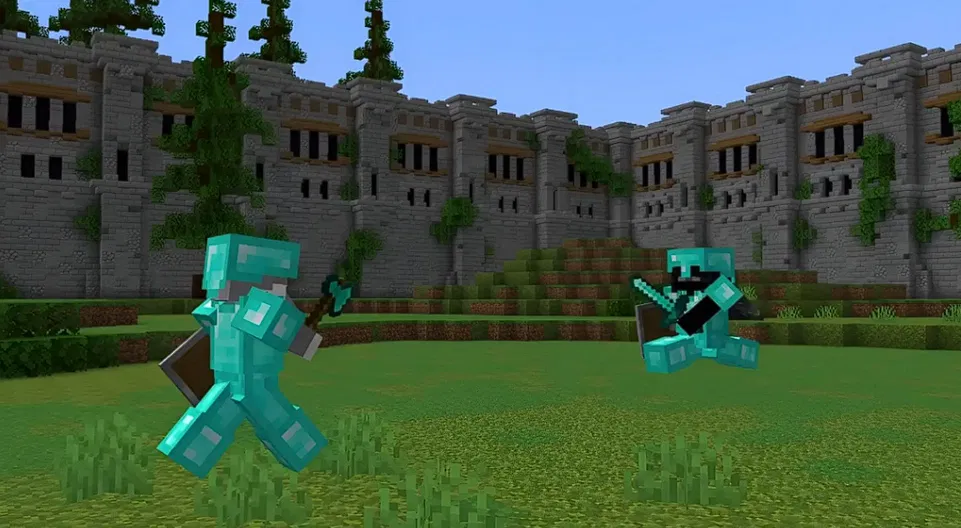 Minecraft players fighting in diamond armor