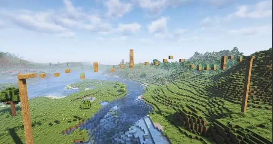Minecraft landscape with a river and large builds